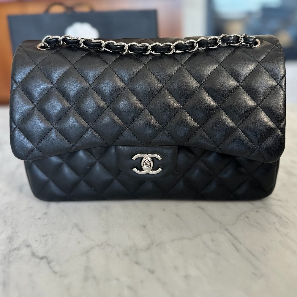 CHANEL Large/Jumbo Classic Double Flap Black Lambskin with Silver HW